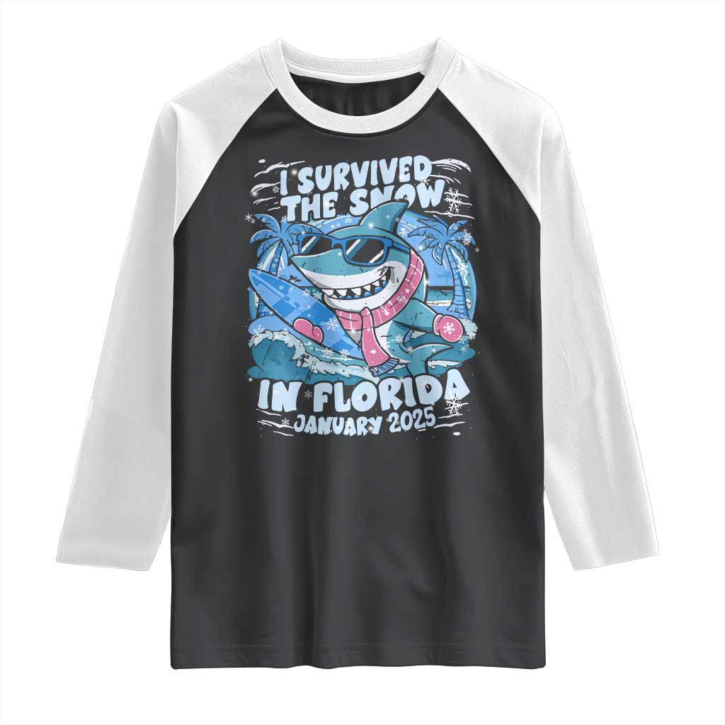 Funny I Survived The Snow In Florida 2025 Raglan Shirt Shark