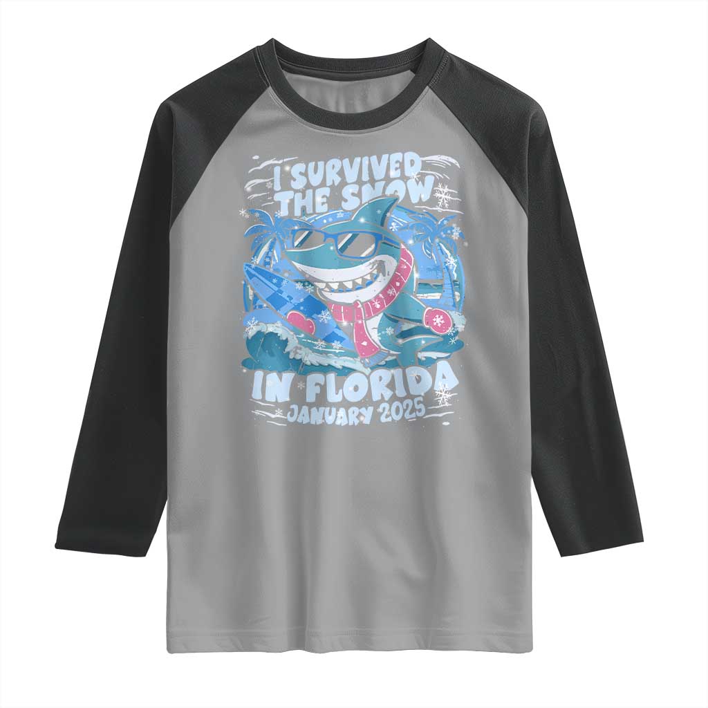 Funny I Survived The Snow In Florida 2025 Raglan Shirt Shark