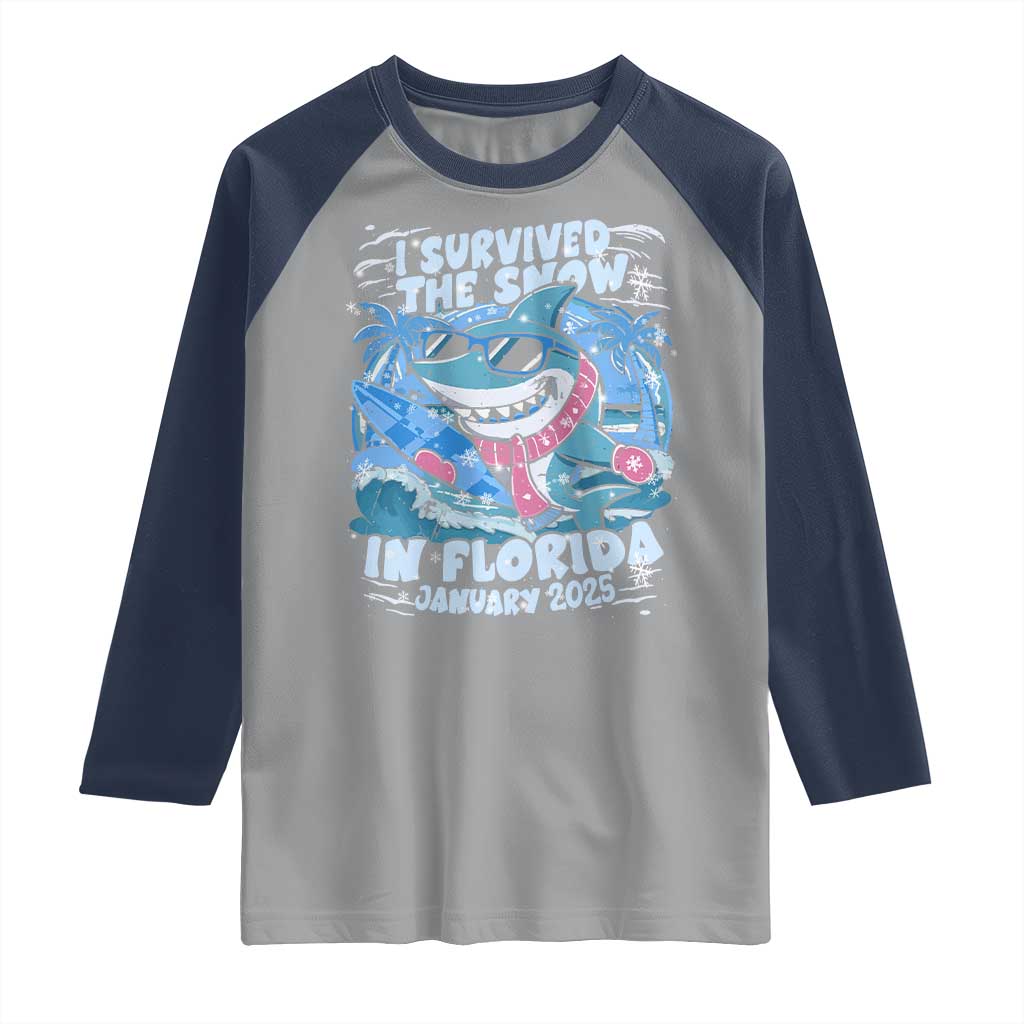 Funny I Survived The Snow In Florida 2025 Raglan Shirt Shark