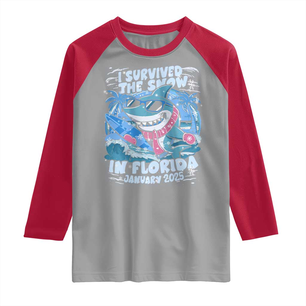 Funny I Survived The Snow In Florida 2025 Raglan Shirt Shark