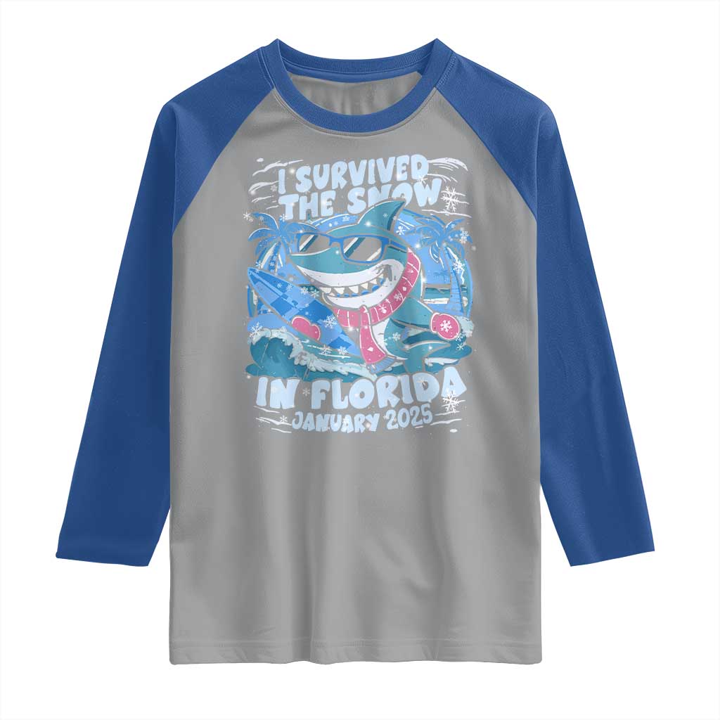 Funny I Survived The Snow In Florida 2025 Raglan Shirt Shark