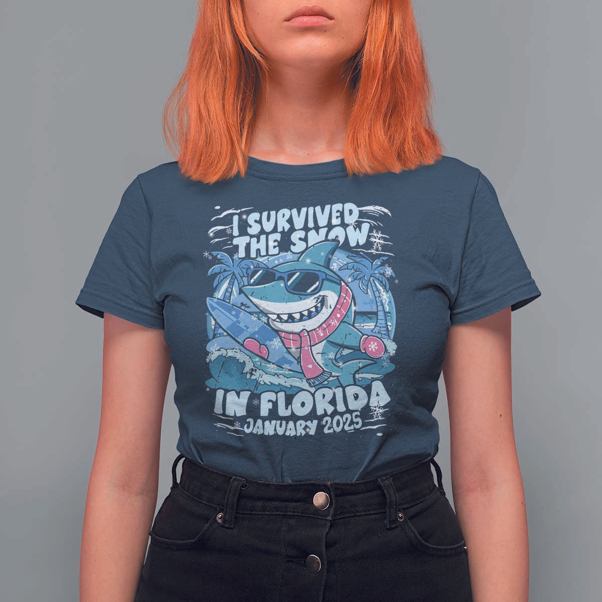Funny I Survived The Snow In Florida 2025 T Shirt For Women Shark