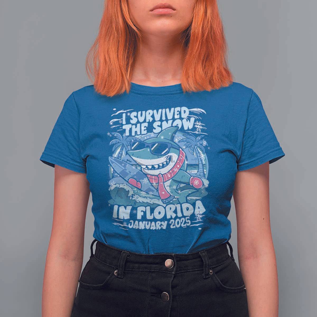Funny I Survived The Snow In Florida 2025 T Shirt For Women Shark