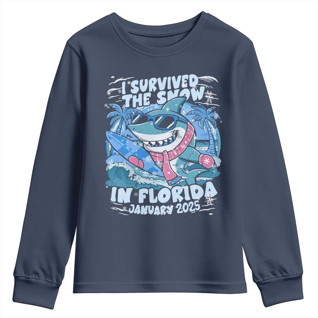 Funny I Survived The Snow In Florida 2025 Youth Sweatshirt Shark
