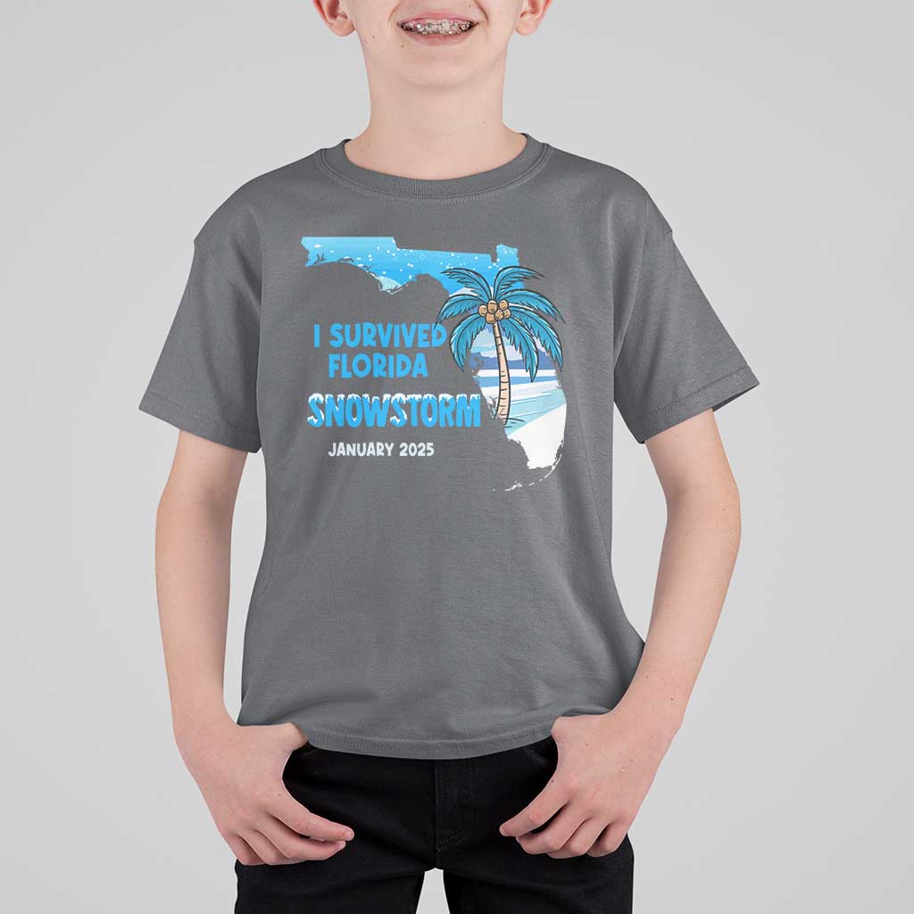 Funny I Survived Florida Snowstorm 2025 T Shirt For Kid Coconut Palm Tree
