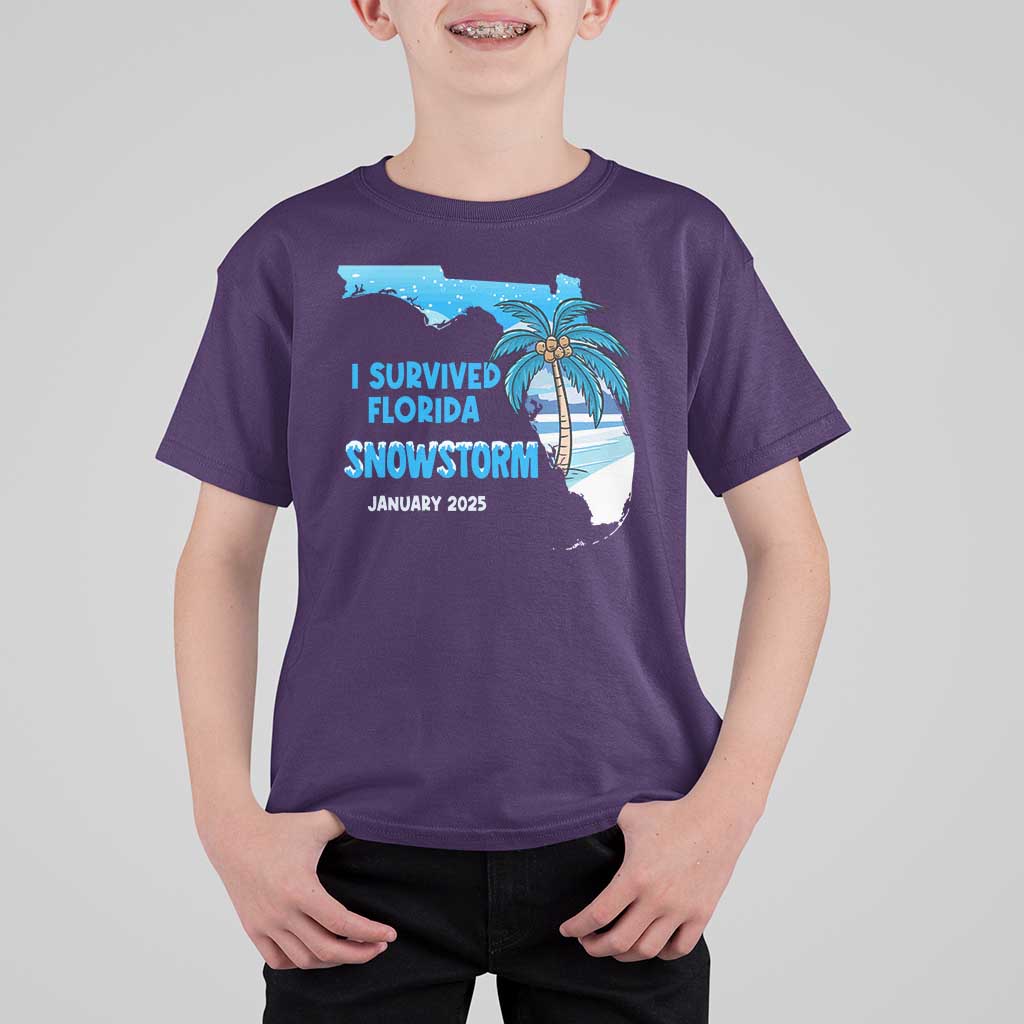 Funny I Survived Florida Snowstorm 2025 T Shirt For Kid Coconut Palm Tree
