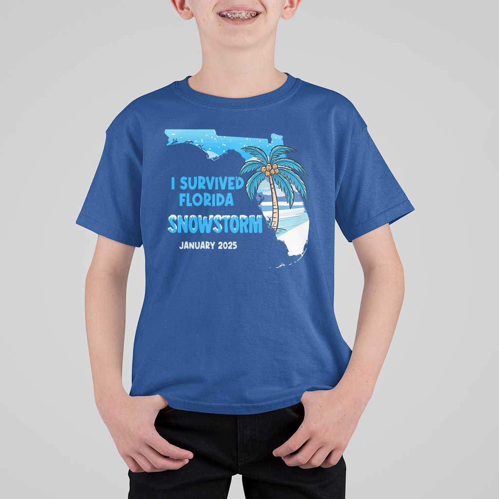 Funny I Survived Florida Snowstorm 2025 T Shirt For Kid Coconut Palm Tree