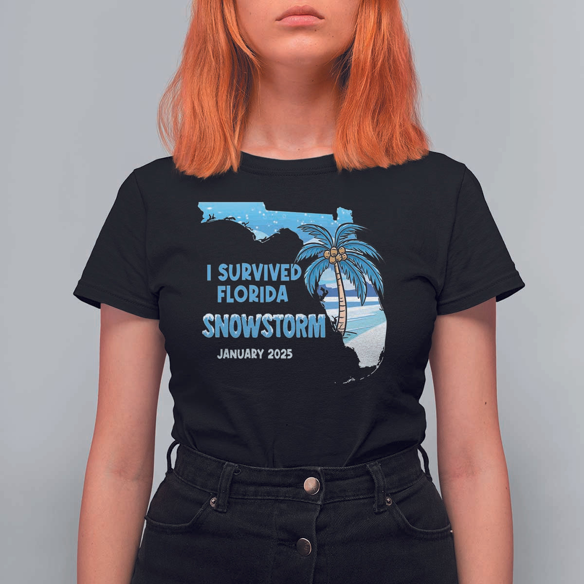 Funny I Survived Florida Snowstorm 2025 T Shirt For Women Coconut Palm Tree