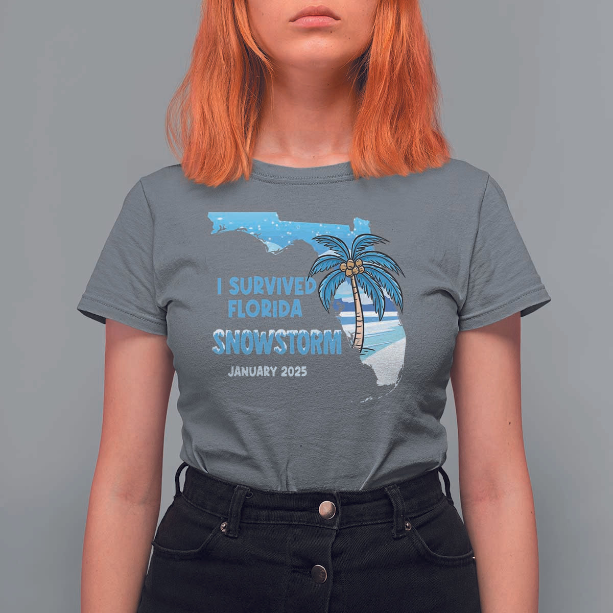 Funny I Survived Florida Snowstorm 2025 T Shirt For Women Coconut Palm Tree