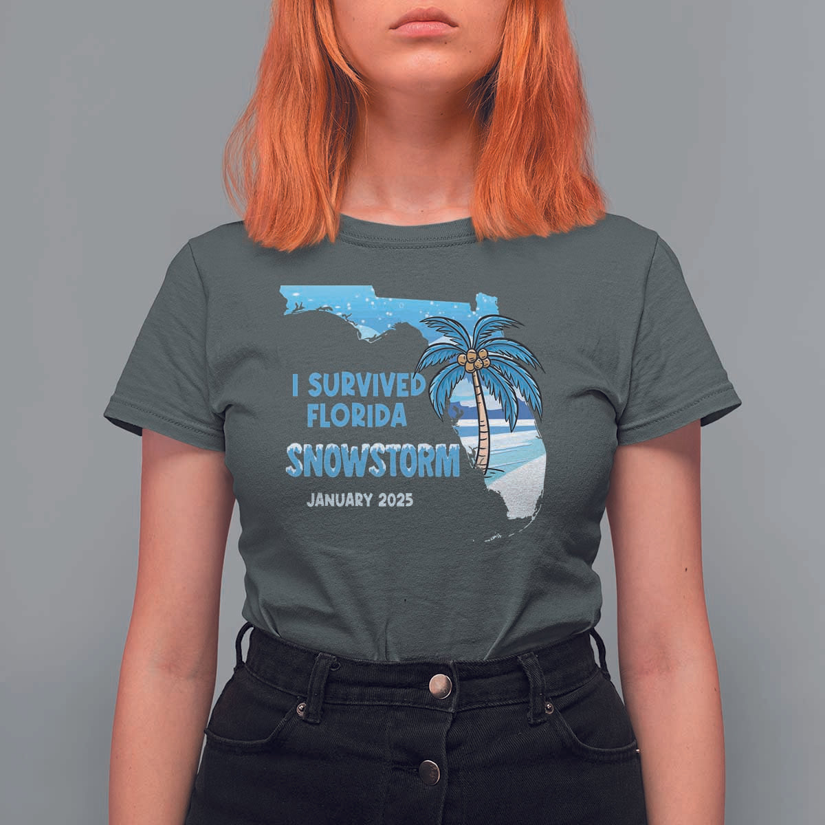Funny I Survived Florida Snowstorm 2025 T Shirt For Women Coconut Palm Tree