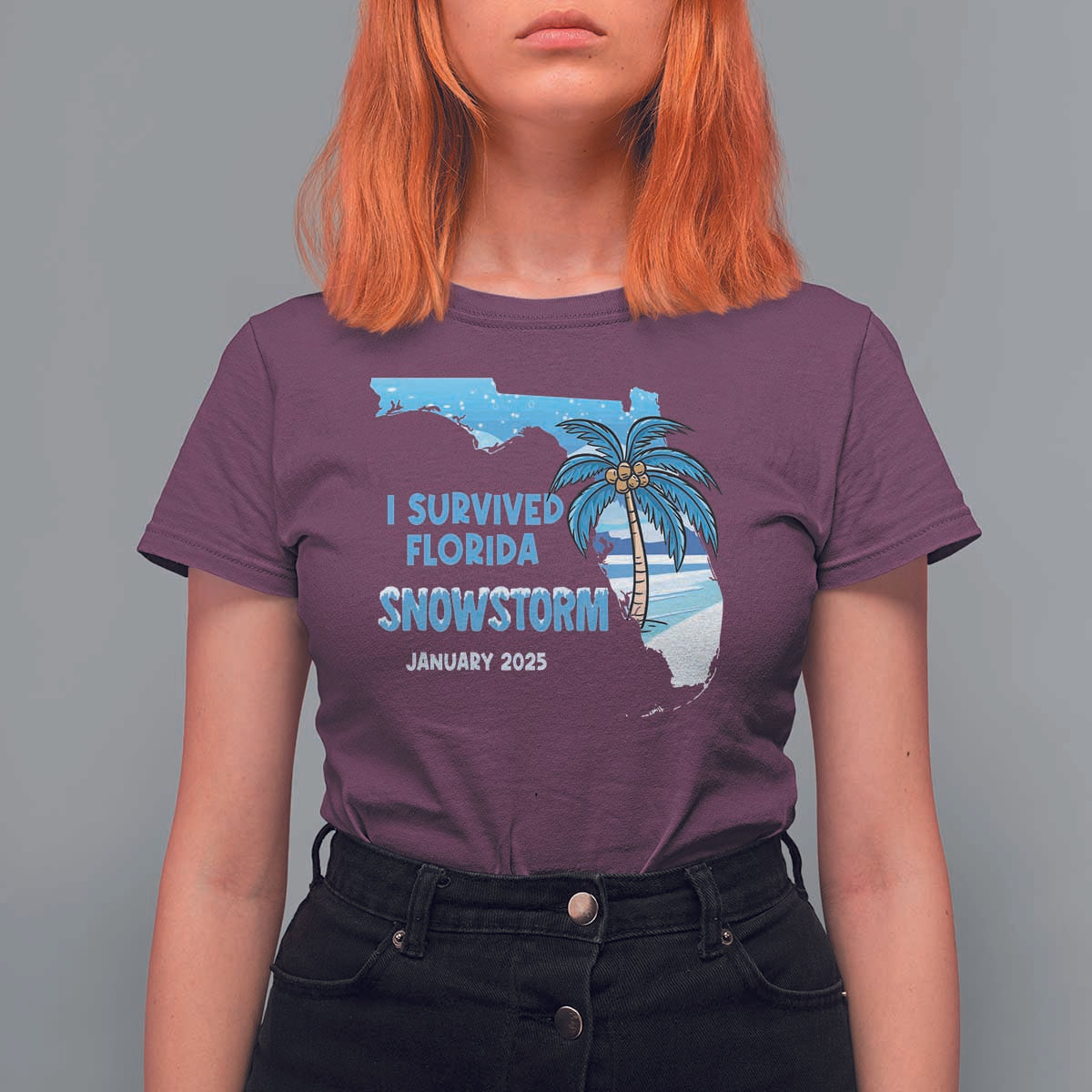 Funny I Survived Florida Snowstorm 2025 T Shirt For Women Coconut Palm Tree