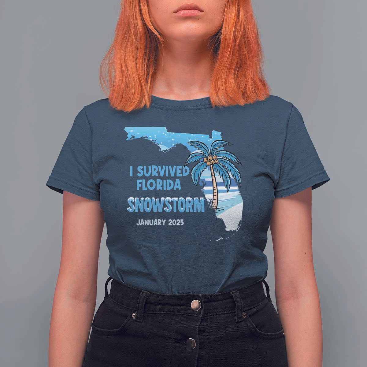 Funny I Survived Florida Snowstorm 2025 T Shirt For Women Coconut Palm Tree