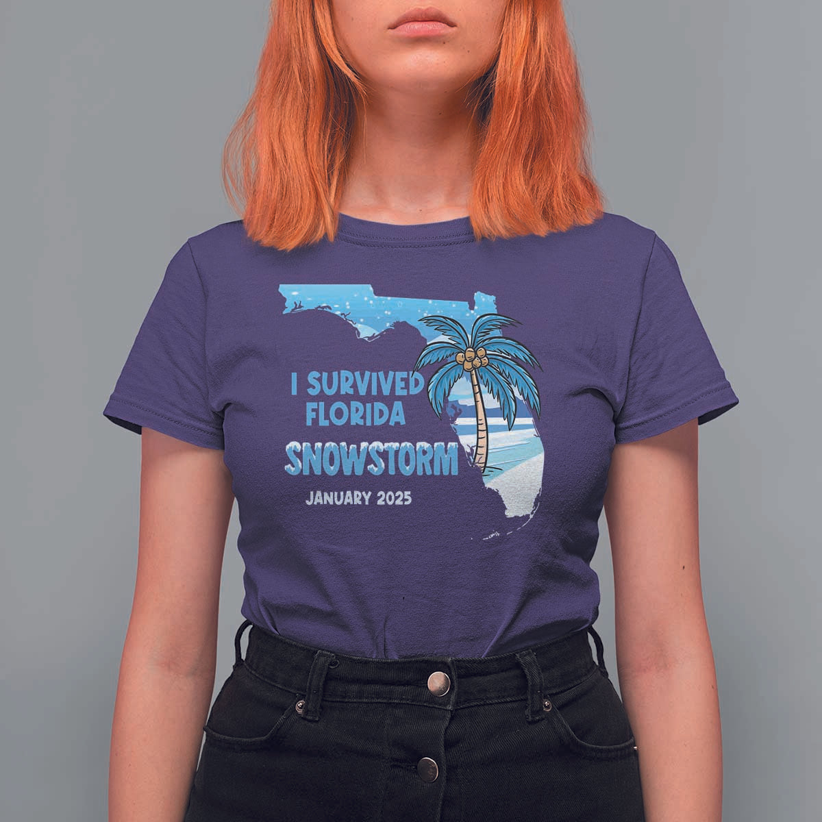 Funny I Survived Florida Snowstorm 2025 T Shirt For Women Coconut Palm Tree