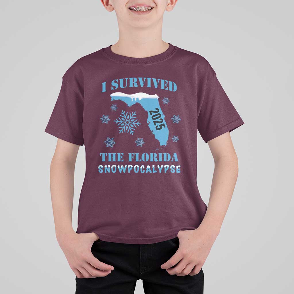 Funny I Survived The Florida Snowpocalypse 2025 T Shirt For Kid Snowflakes
