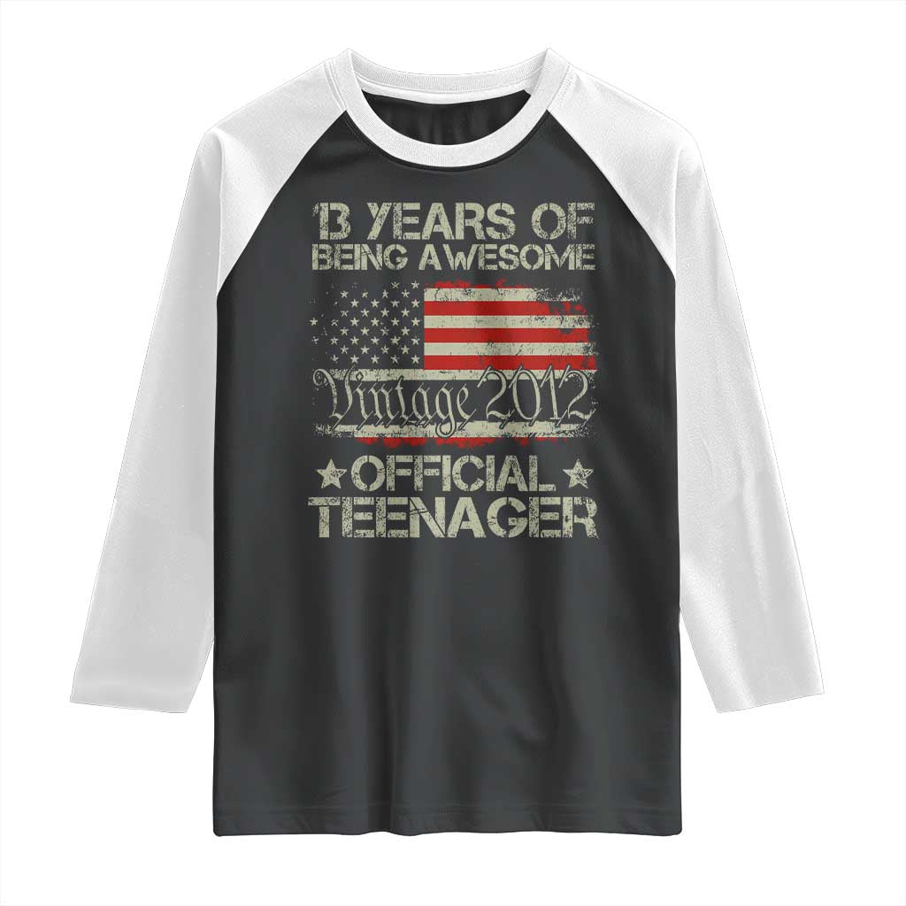 Funny 13th Birthday Raglan Shirt Vintage 2012 Official Teenager 13 Years Of Being Awesome USA Flag