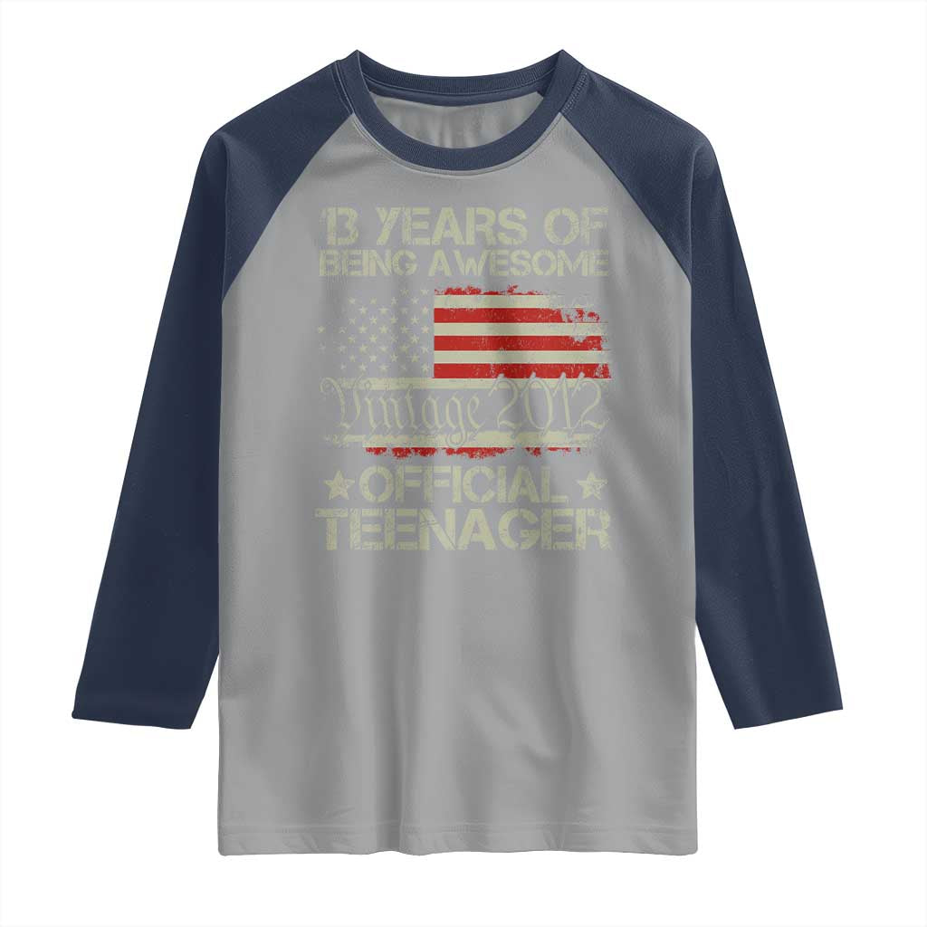 Funny 13th Birthday Raglan Shirt Vintage 2012 Official Teenager 13 Years Of Being Awesome USA Flag