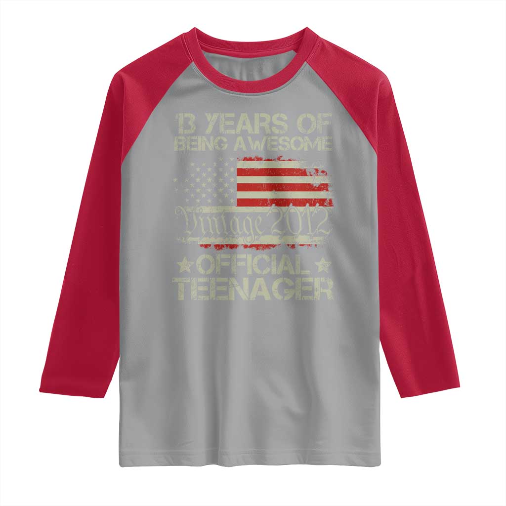 Funny 13th Birthday Raglan Shirt Vintage 2012 Official Teenager 13 Years Of Being Awesome USA Flag