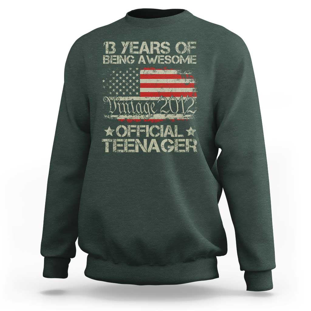 Funny 13th Birthday Sweatshirt Vintage 2012 Official Teenager 13 Years Of Being Awesome USA Flag