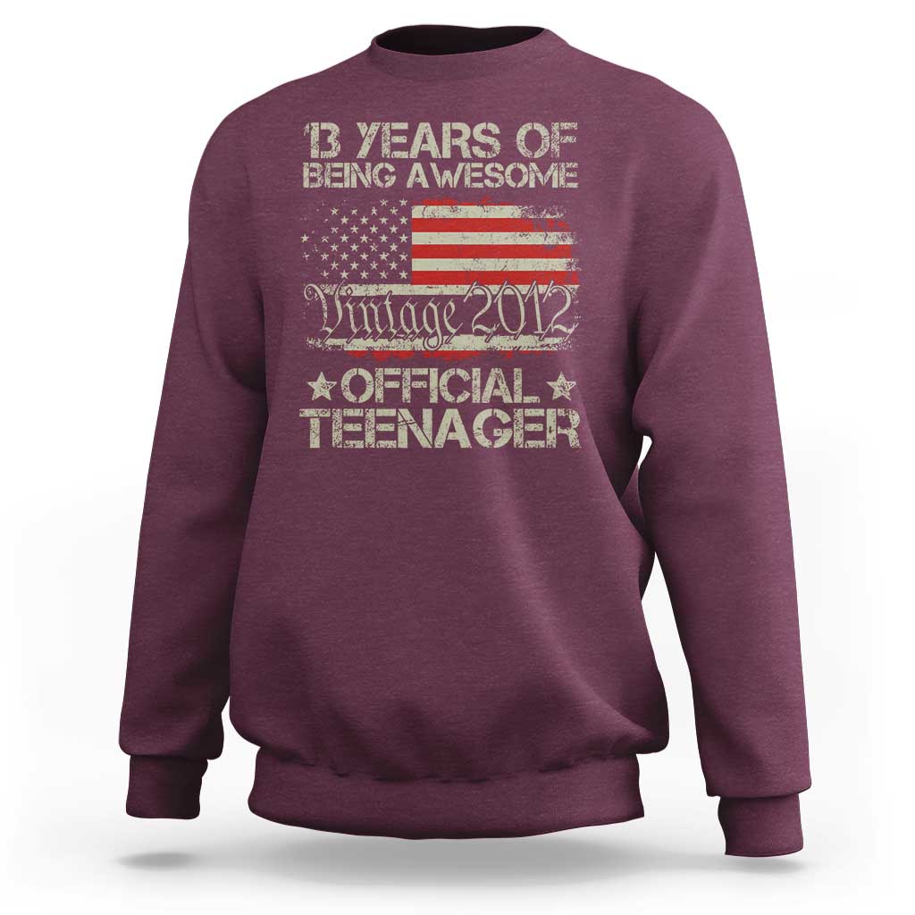 Funny 13th Birthday Sweatshirt Vintage 2012 Official Teenager 13 Years Of Being Awesome USA Flag