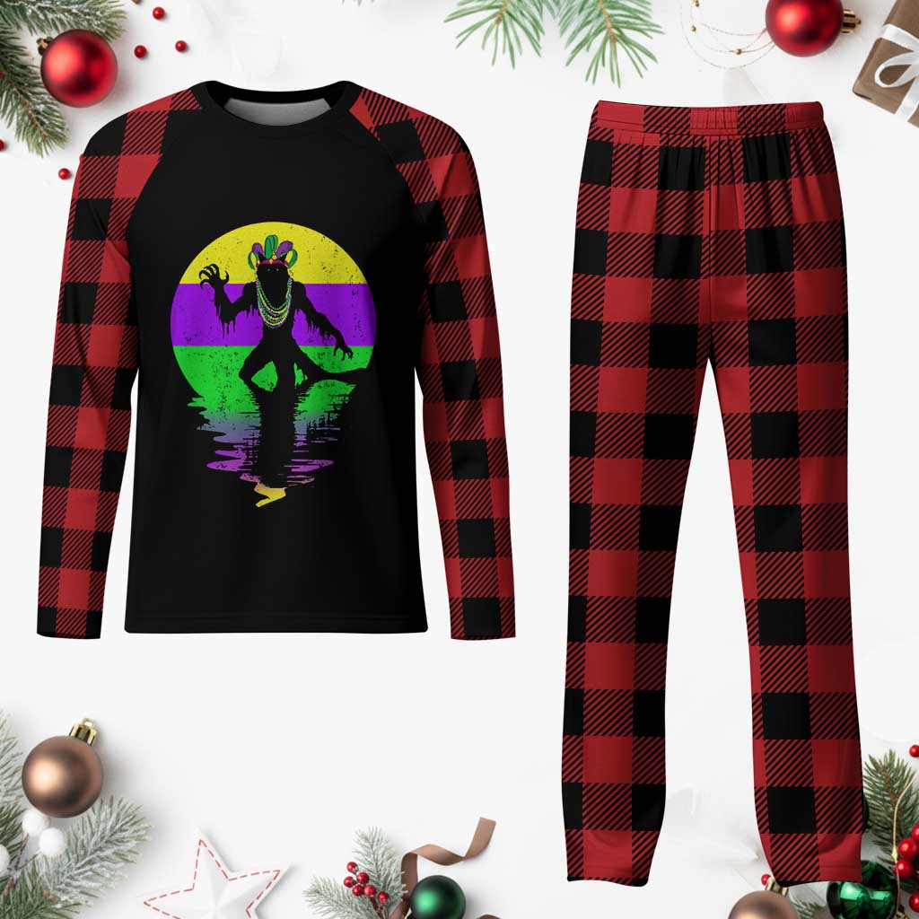 Funny Mardi Gras Rougarou Plaid Pajama Set Beads Carnival Cryptids Of Louisiana