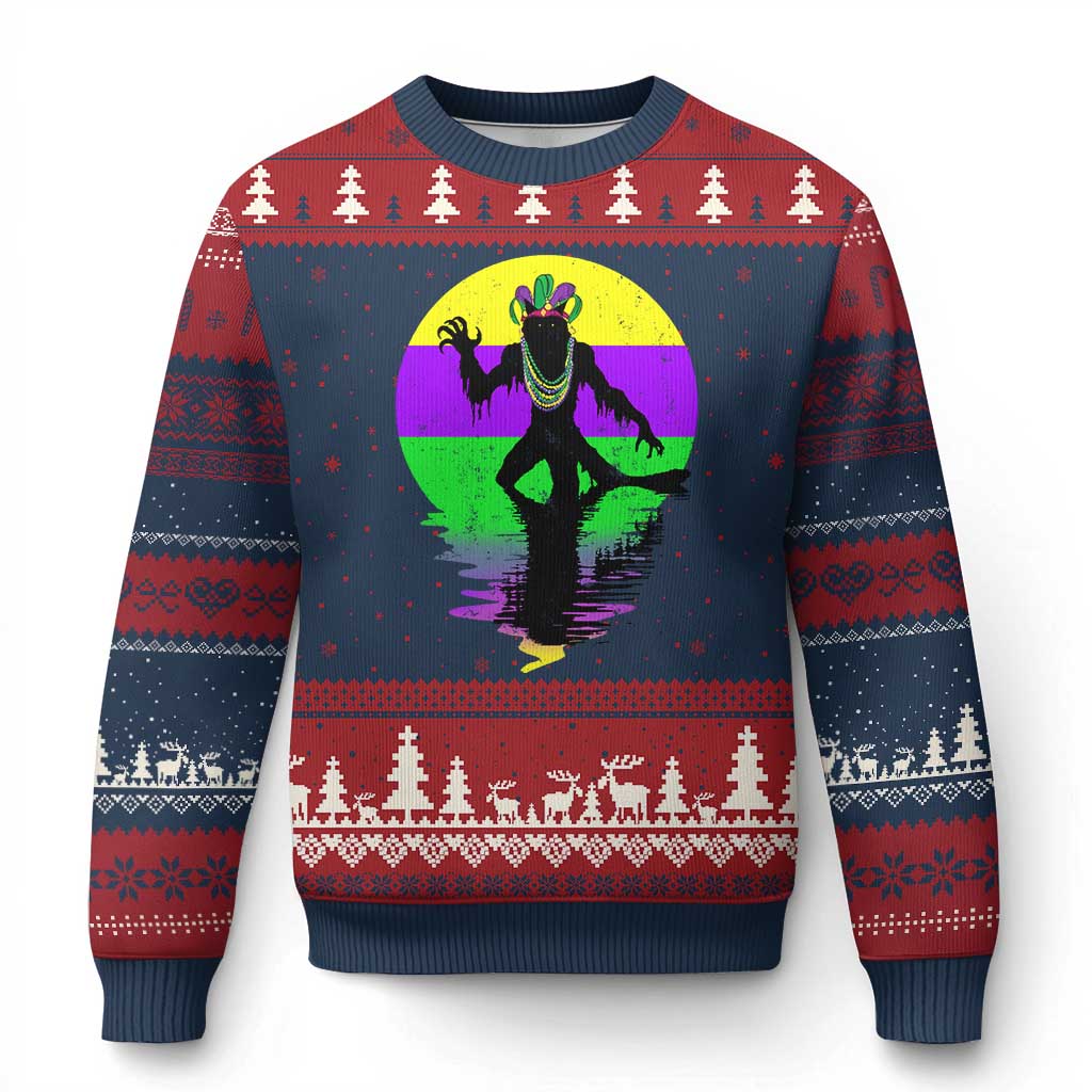 Funny Mardi Gras Rougarou Ugly Christmas Sweater Beads Carnival Cryptids Of Louisiana
