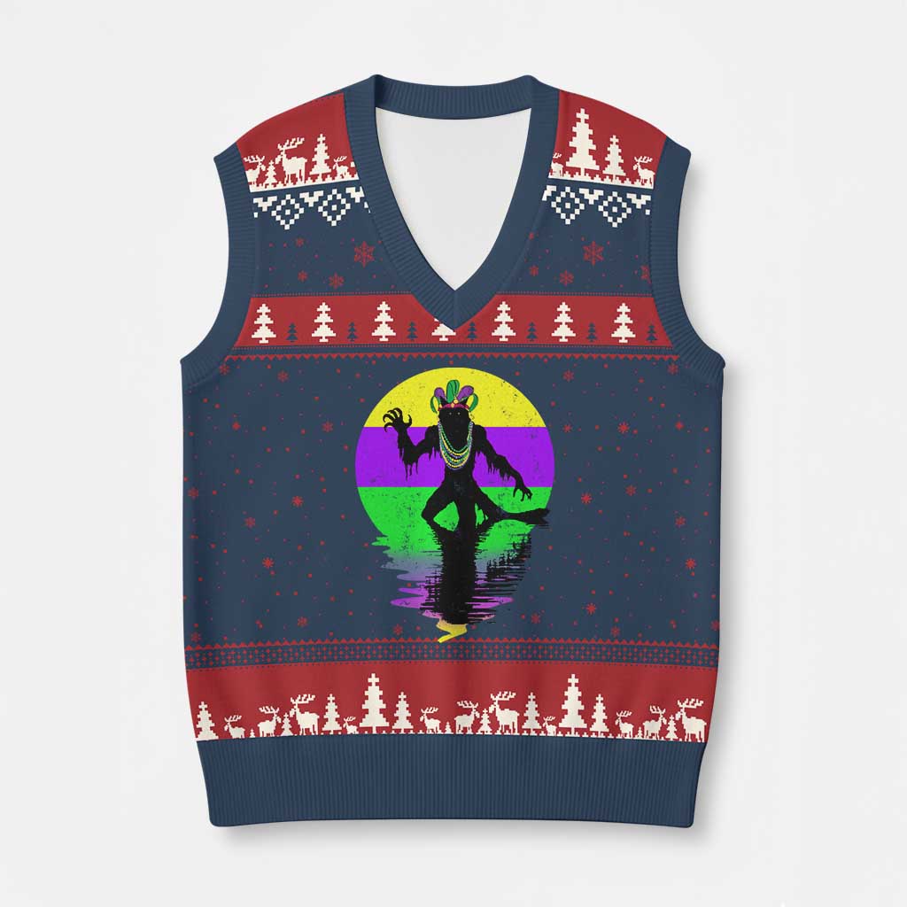 Funny Mardi Gras Rougarou V-Neck Knit Sweater Vest Beads Carnival Cryptids Of Louisiana