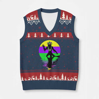 Funny Mardi Gras Rougarou V-Neck Knit Sweater Vest Beads Carnival Cryptids Of Louisiana