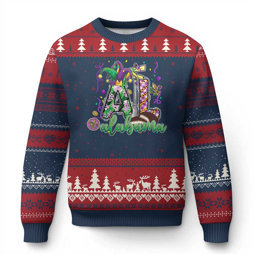 Funny Mardi Gras In Alabama AL Ugly Christmas Sweater Moon Pie Jester Hat