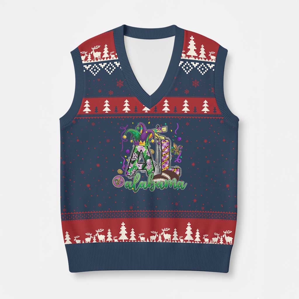 Funny Mardi Gras In Alabama AL V-Neck Knit Sweater Vest Moon Pie Jester Hat