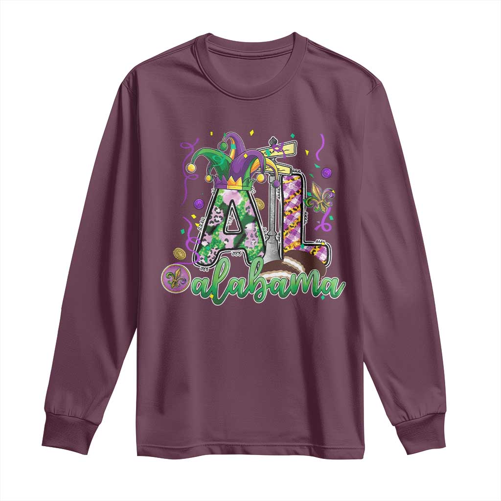 Funny Mardi Gras In Alabama AL Long Sleeve Shirt Moon Pie Jester Hat