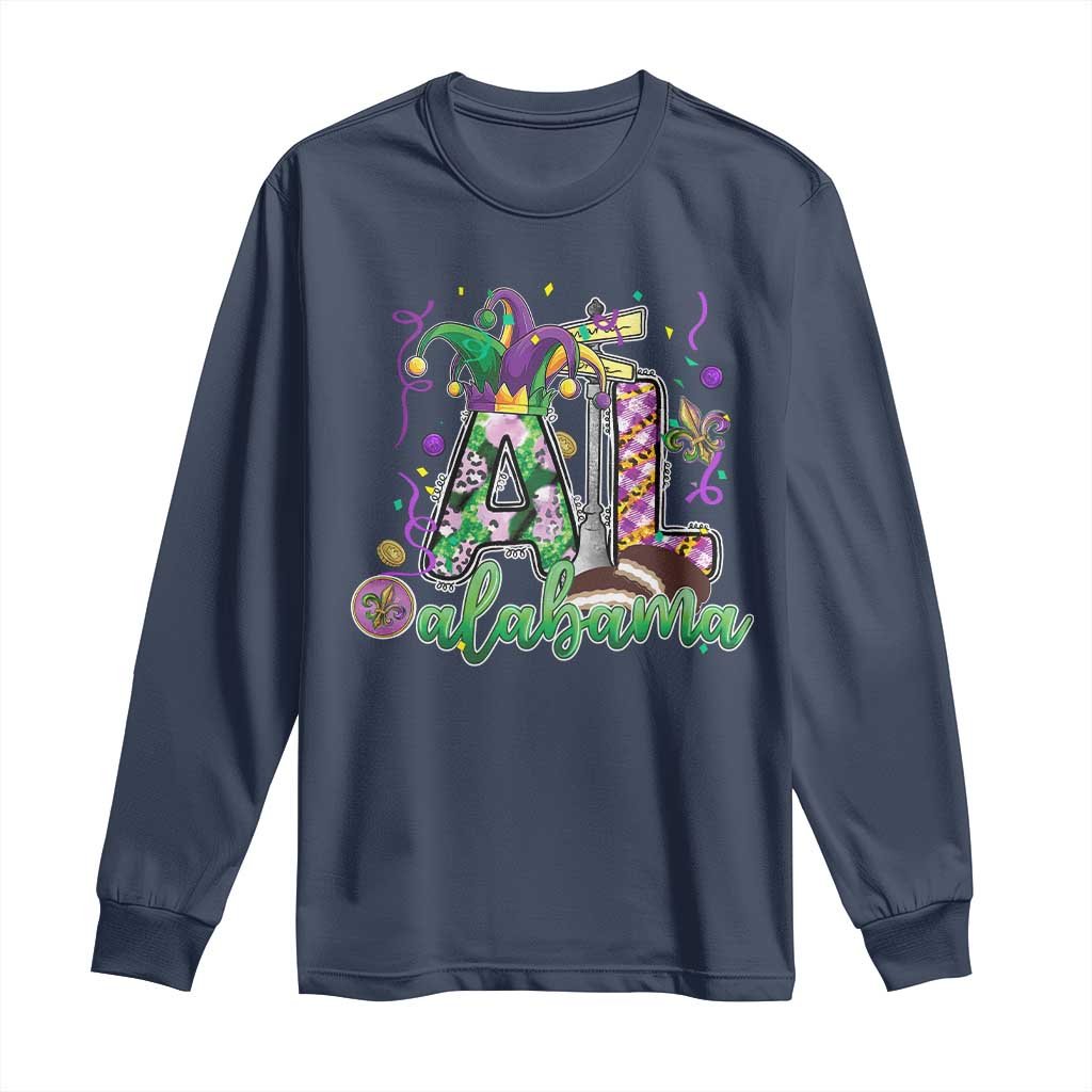 Funny Mardi Gras In Alabama AL Long Sleeve Shirt Moon Pie Jester Hat