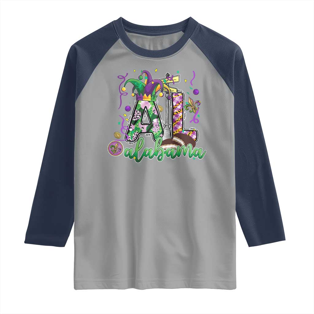 Funny Mardi Gras In Alabama AL Raglan Shirt Moon Pie Jester Hat