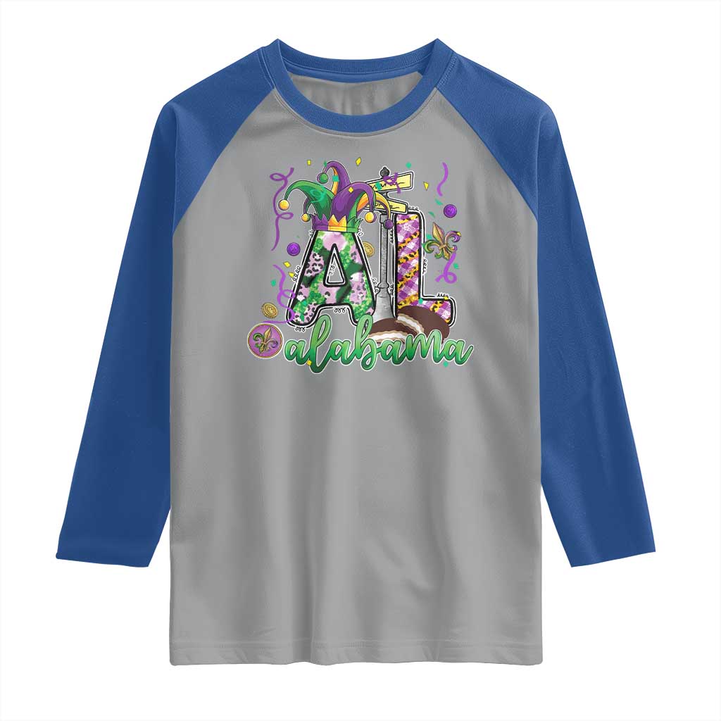 Funny Mardi Gras In Alabama AL Raglan Shirt Moon Pie Jester Hat