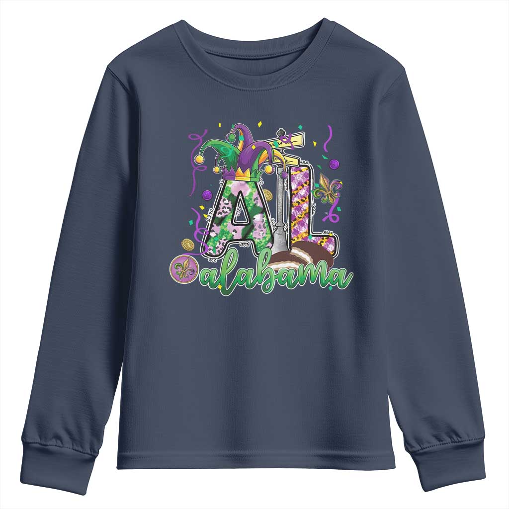 Funny Mardi Gras In Alabama AL Youth Sweatshirt Moon Pie Jester Hat