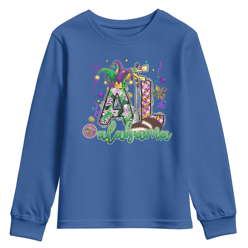 Funny Mardi Gras In Alabama AL Youth Sweatshirt Moon Pie Jester Hat