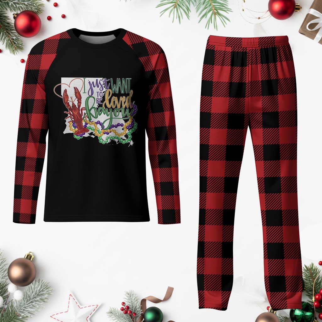 Funny Mardi Gras Louisiana Plaid Pajama Set I Just Want To Be Loved Bayou Crawfish Beads