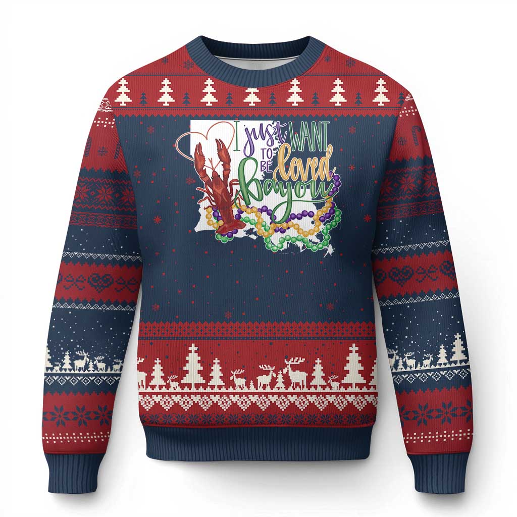 Funny Mardi Gras Louisiana Ugly Christmas Sweater I Just Want To Be Loved Bayou Crawfish Beads