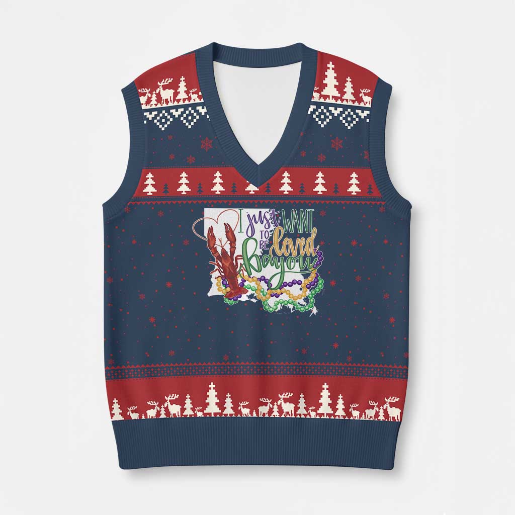 Funny Mardi Gras Louisiana V-Neck Knit Sweater Vest I Just Want To Be Loved Bayou Crawfish Beads