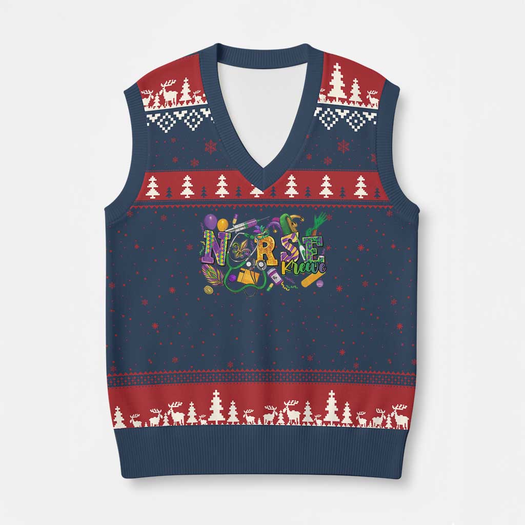 Funny Mardi Gras Nurse Krewe Healthcare V-Neck Knit Sweater Vest