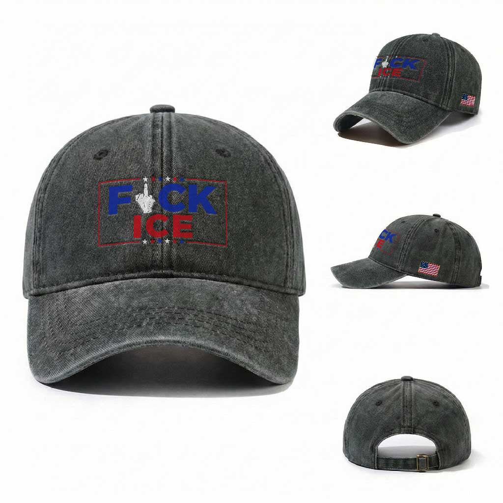 Funny Fck Ice Washed Cotton Baseball Cap Immigration Activist Anti Deportation Middle Finger Graphic