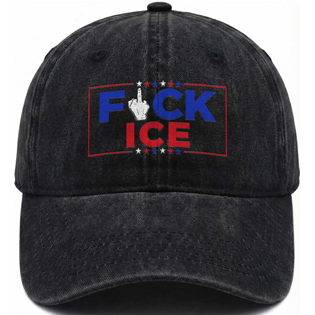 Funny Fck Ice Washed Cotton Baseball Cap Immigration Activist Anti Deportation Middle Finger Graphic