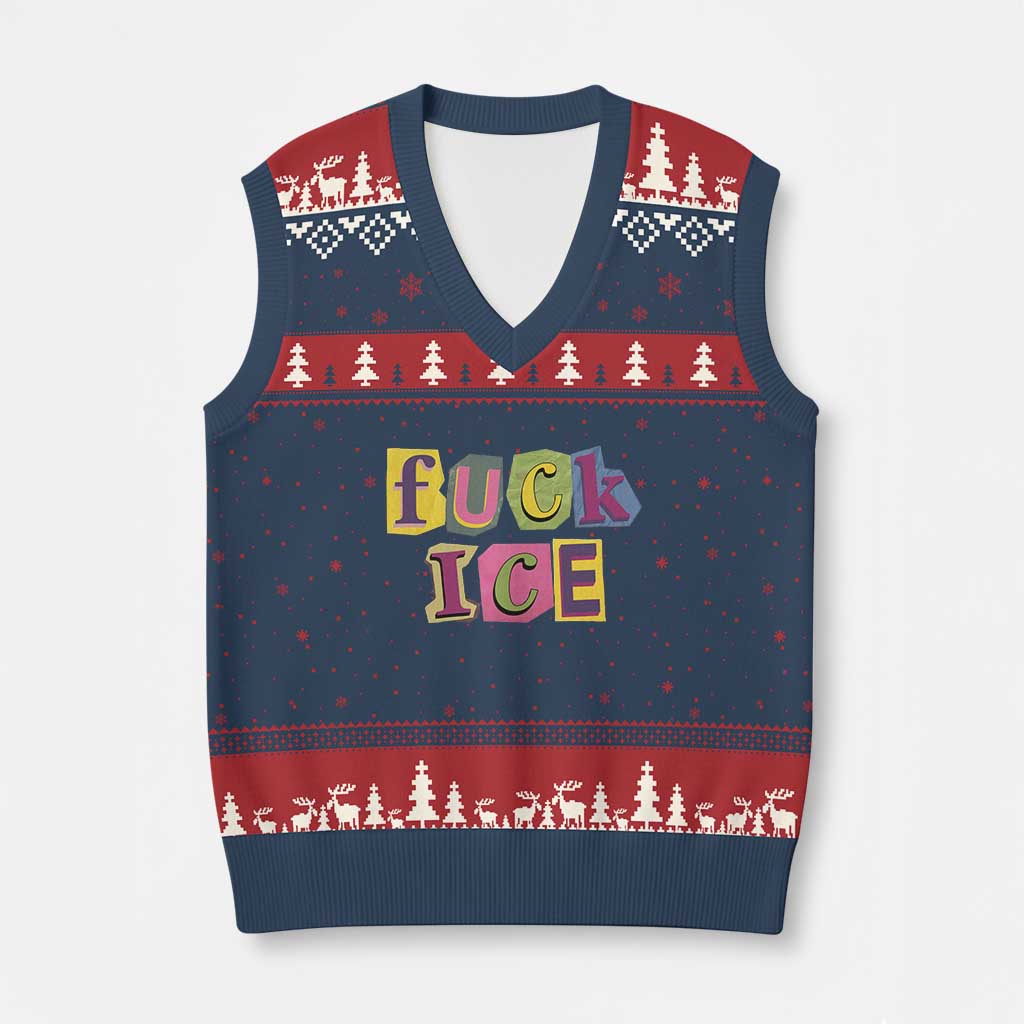 Fck Ice V-Neck Knit Sweater Vest Immigration Activist Magazine Cutout Paper Graphic