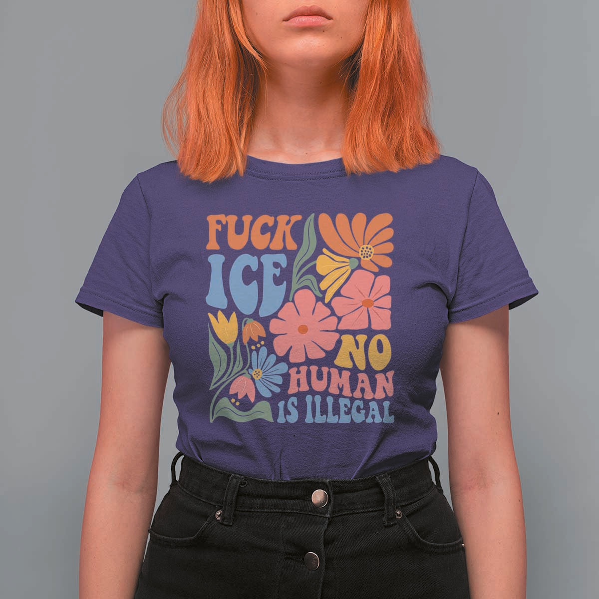 Fck Ice No Human Is Illegal T Shirt For Women Immigration Rights Protest Rertro Floral