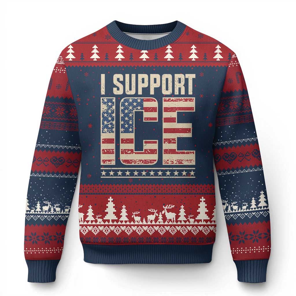 I Support ICE Ugly Christmas Sweater Immigration Officers Vintage American Flag