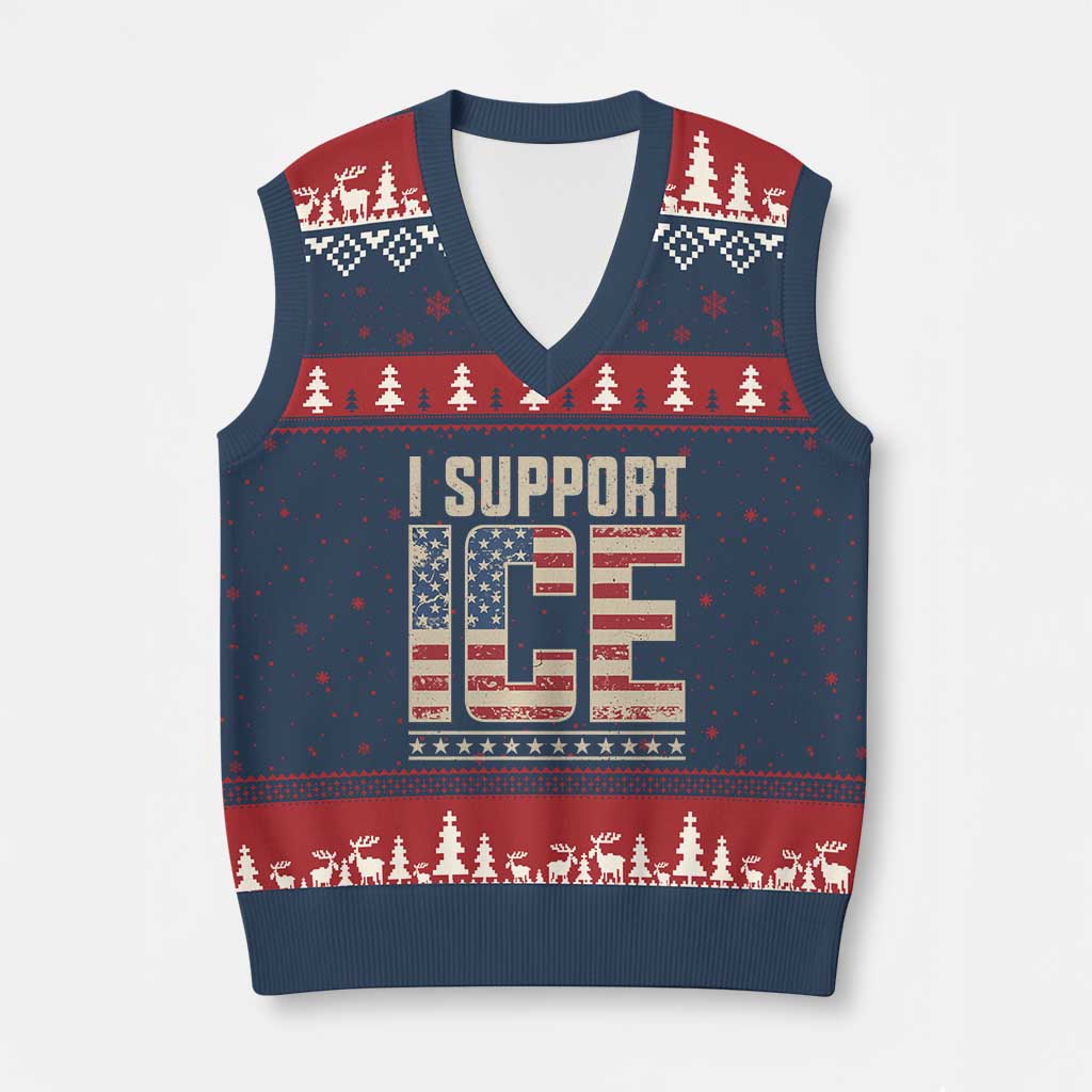 I Support ICE V-Neck Knit Sweater Vest Immigration Officers Vintage American Flag