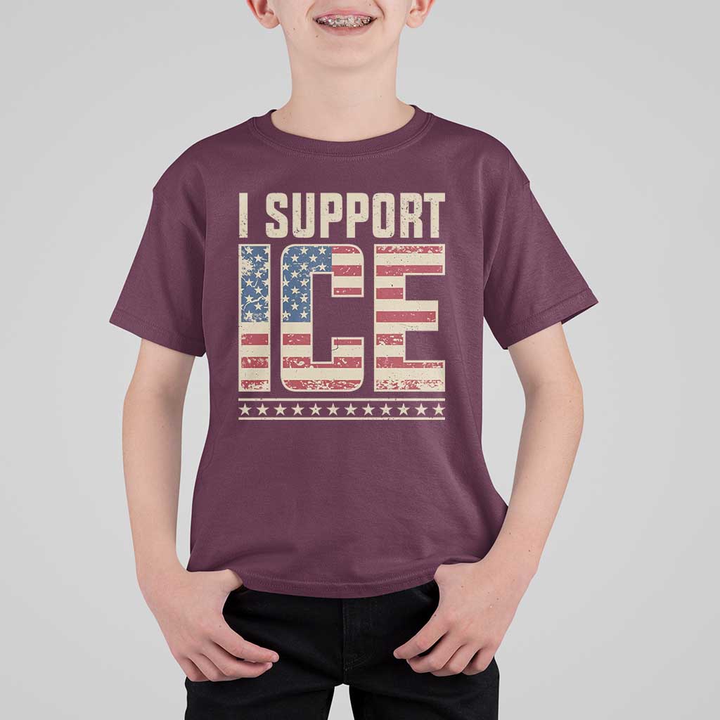I Support ICE T Shirt For Kid Immigration Officers Vintage American Flag