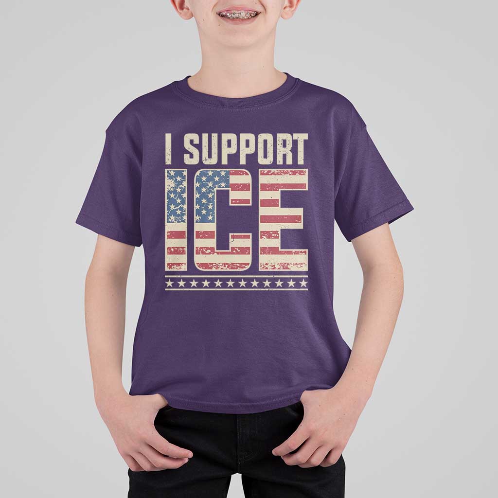 I Support ICE T Shirt For Kid Immigration Officers Vintage American Flag