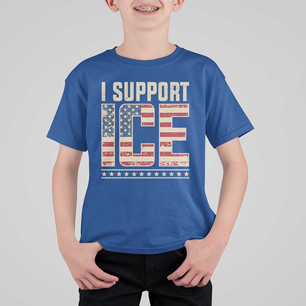 I Support ICE T Shirt For Kid Immigration Officers Vintage American Flag