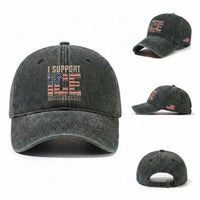 I Support ICE Washed Cotton Baseball Cap Immigration Officers Vintage American Flag