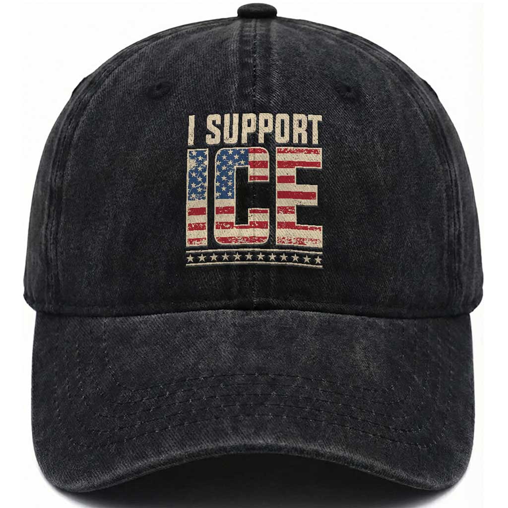I Support ICE Washed Cotton Baseball Cap Immigration Officers Vintage American Flag